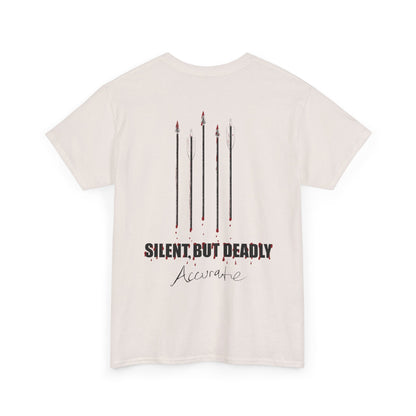 Back side graphic for Silent but Deadly Accurate Bow Hunter T-Shirt in sand color on a white background, featuring bloody arrows and dripping blood text for archery and hunting enthusiasts.