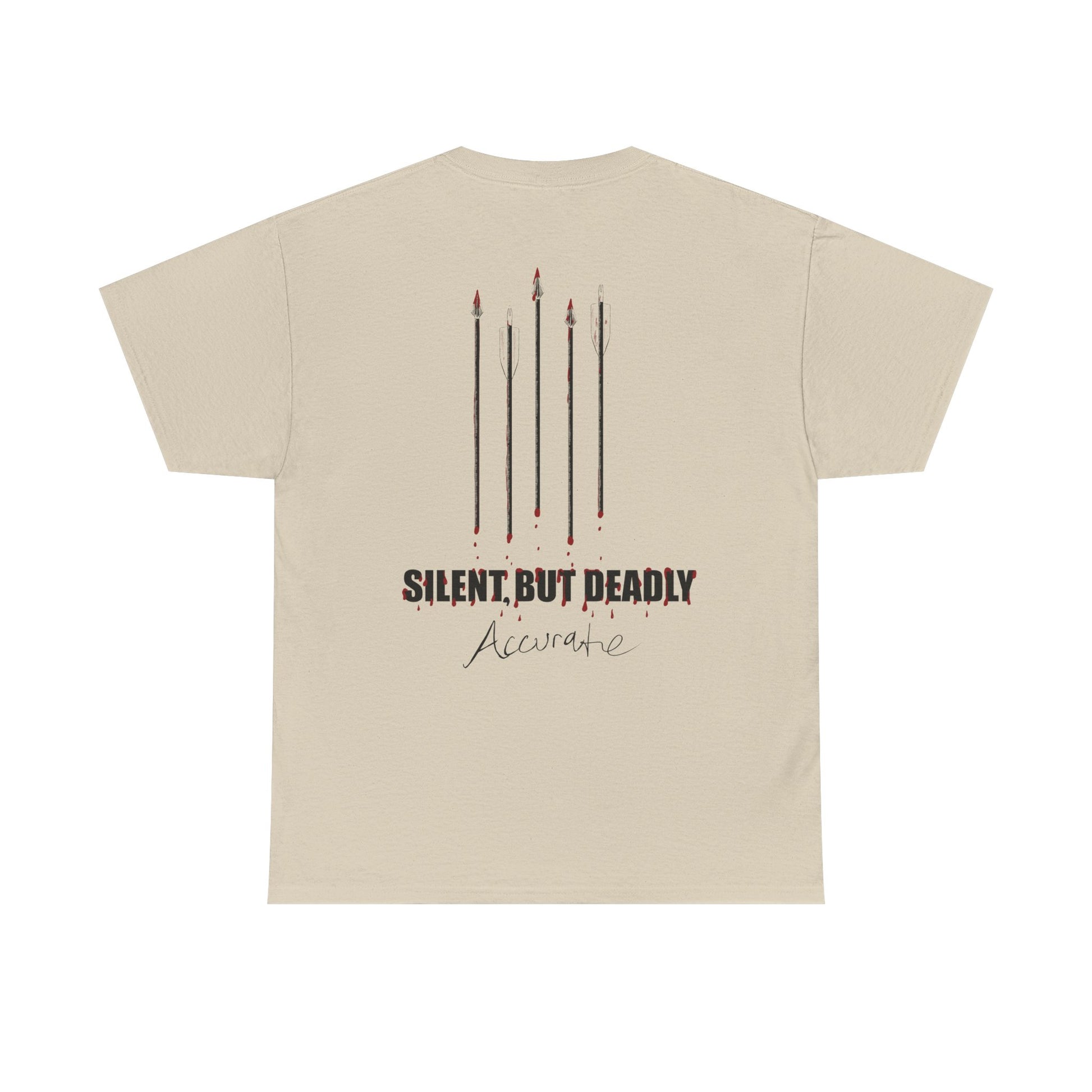 Back side graphic for Silent but Deadly Accurate Bow Hunter T-Shirt in sand color on a white background, featuring bloody arrows and dripping blood text for archery and hunting enthusiasts.