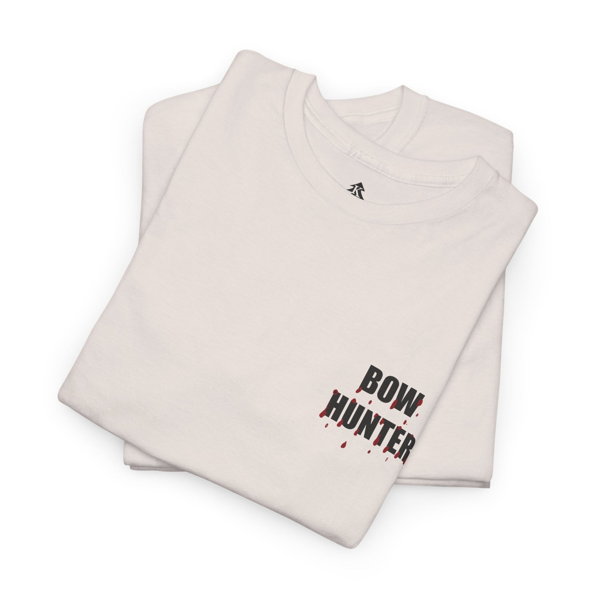 Front side folded Bow Hunter graphic for Silent but Deadly Accurate Bow Hunter T-Shirt in ice gray on a white background, featuring bloody arrows and dripping blood text for archery and hunting enthusiasts.