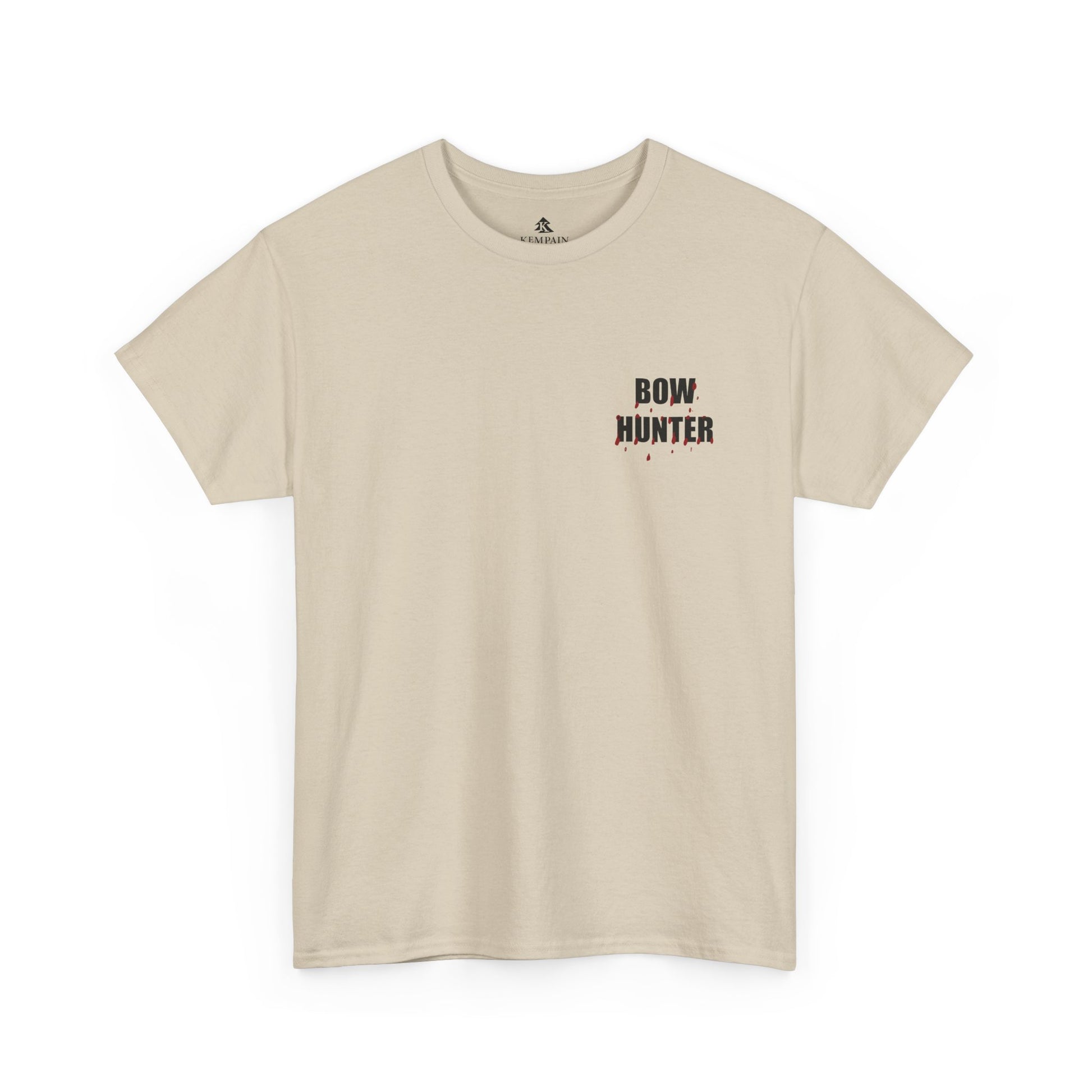 Front side Bow Hunter graphic for Silent but Deadly Accurate Bow Hunter T-Shirt in sand color on a white background, featuring bloody arrows and dripping blood text for archery and hunting enthusiasts.