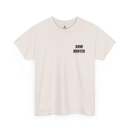 Front side Bow Hunter graphic for Silent but Deadly Accurate Bow Hunter T-Shirt in light gray color on a white background, featuring bloody arrows and dripping blood text for archery and hunting enthusiasts.