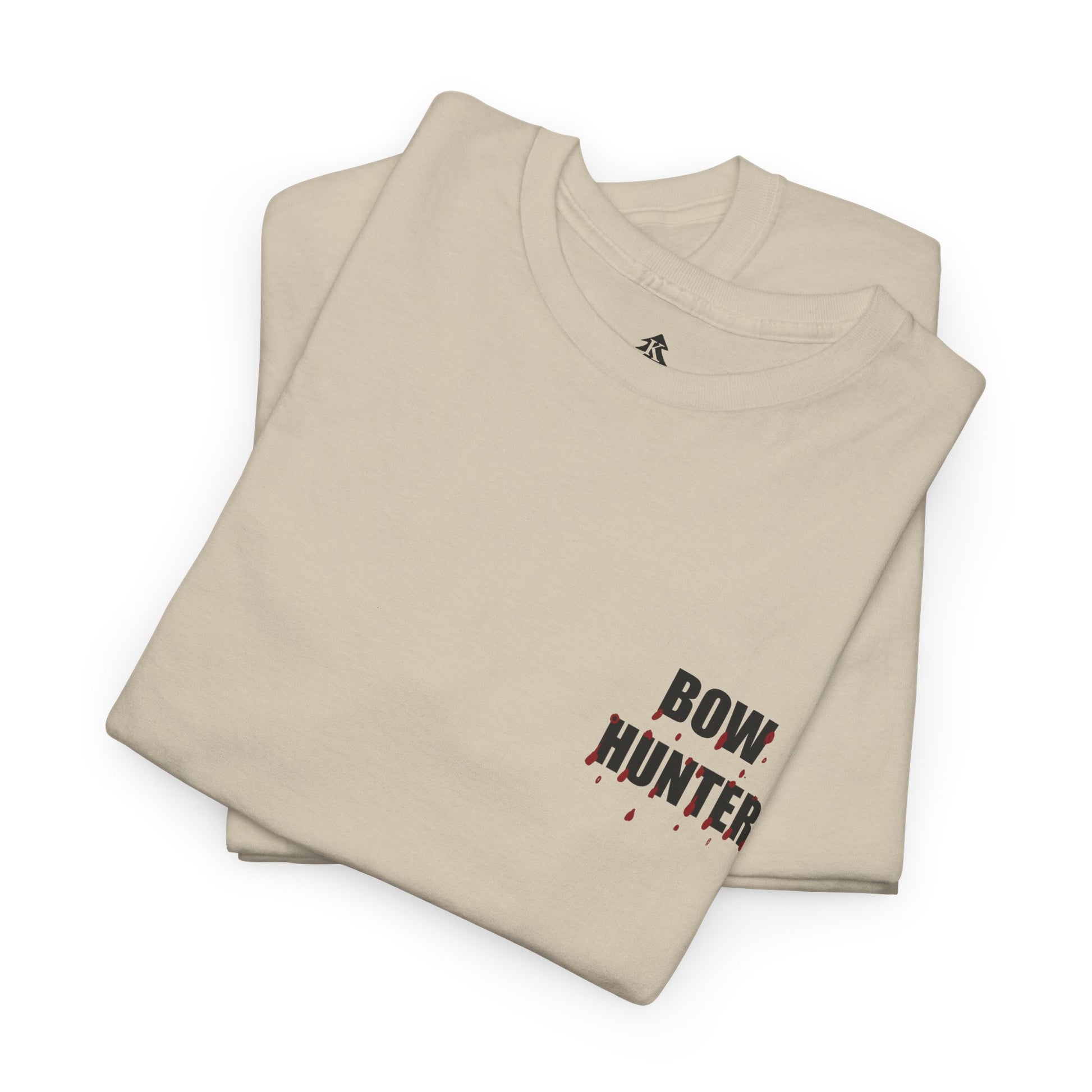 Front side folded Bow Hunter graphic for Silent but Deadly Accurate Bow Hunter T-Shirt in sand color on a white background, featuring bloody arrows and dripping blood text for archery and hunting enthusiasts.