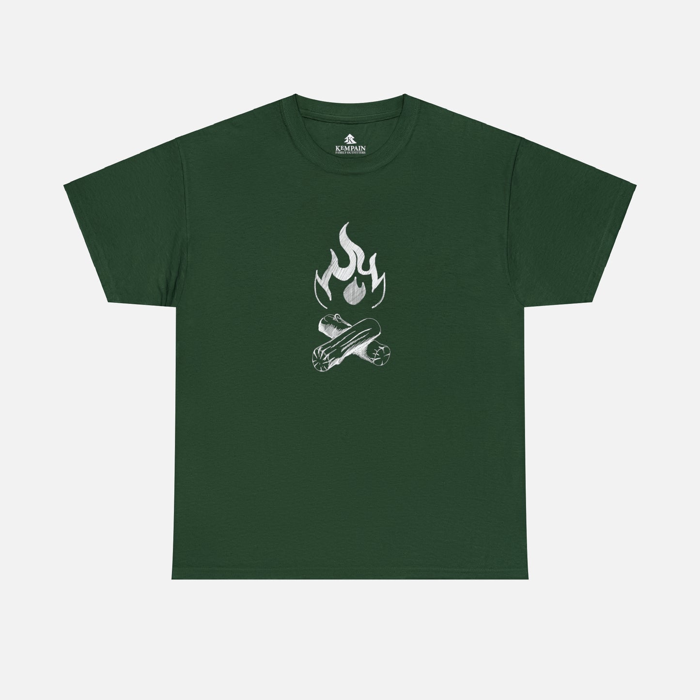 A campfire graphic tee on a white background in forest green. Perfect for tent camping or nights by the fire pit.