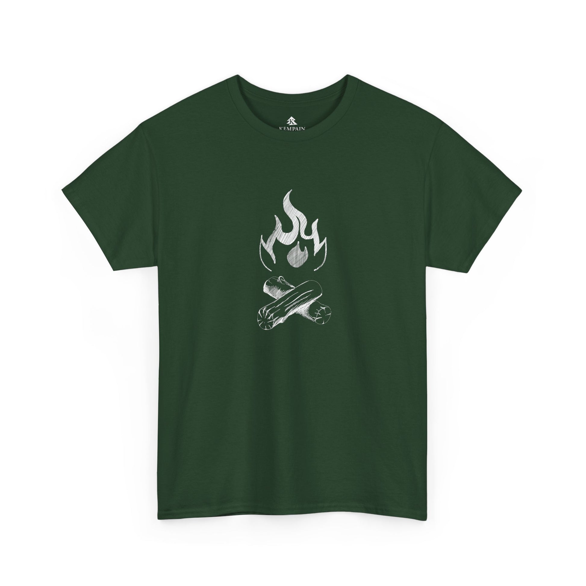 A campfire graphic tee on a white background in forest green. Perfect for tent camping or nights by the fire pit.