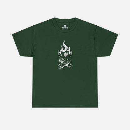 A campfire graphic tee on a white background in forest green. Perfect for tent camping or nights by the fire pit.