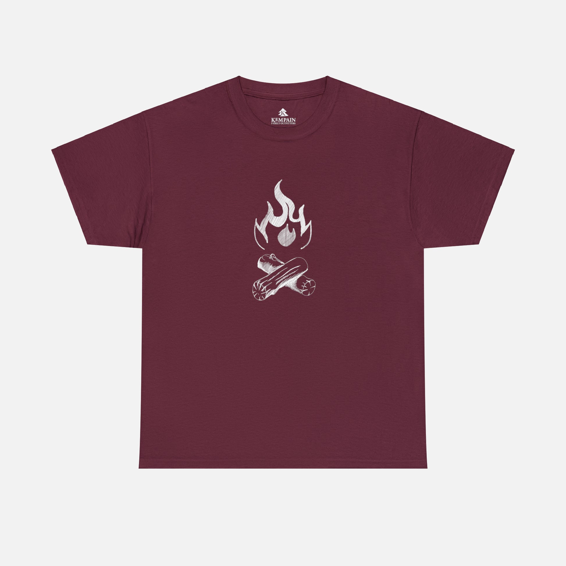 A campfire graphic tee on a white background in maroon. Perfect for tent camping or nights by the fire pit.