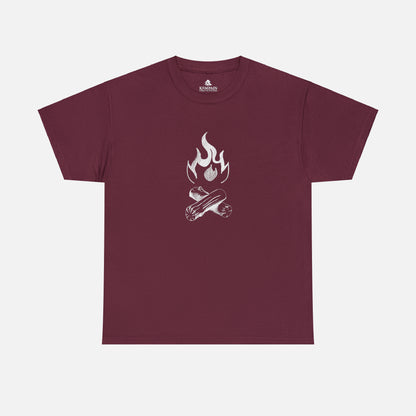 A campfire graphic tee on a white background in maroon. Perfect for tent camping or nights by the fire pit.