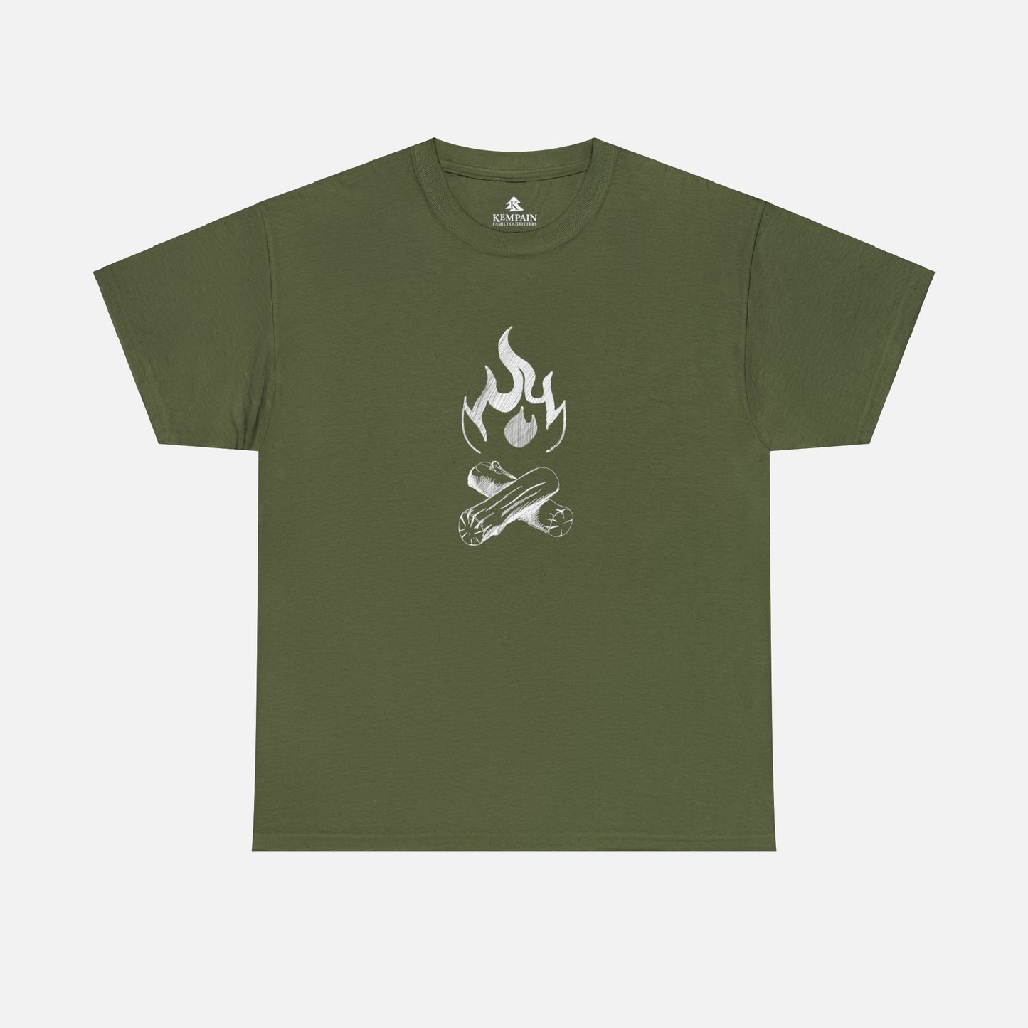 A campfire graphic tee on a white background in military green. Perfect for tent camping or nights by the fire pit.