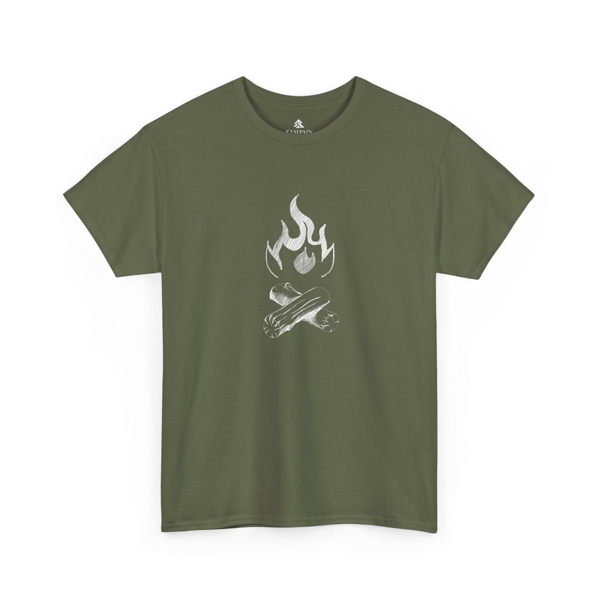 A campfire graphic tee on a white background in military green. Perfect for tent camping or nights by the fire pit.