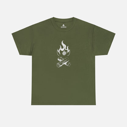 A campfire graphic tee on a white background in military green. Perfect for tent camping or nights by the fire pit.