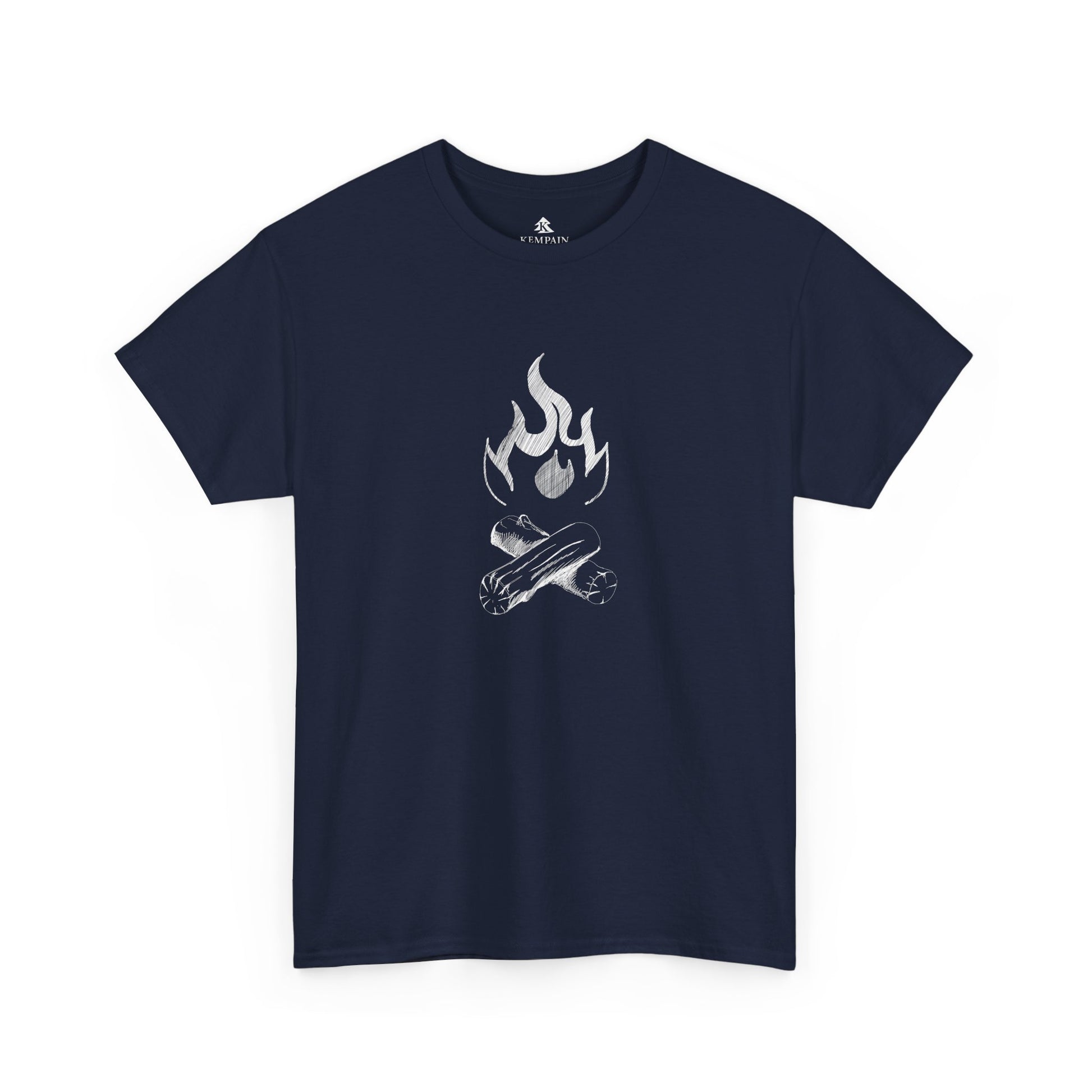 A campfire graphic tee on a white background in Navy. Perfect for tent camping or nights by the fire pit.