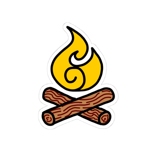 Campfire icon with two logs and a yellow flame on a white background