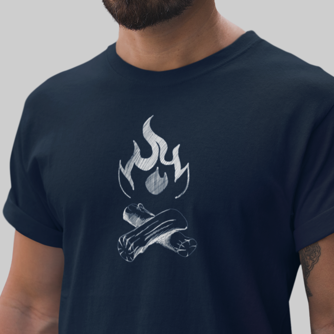 A campfire graphic tee on a model in Navy. Perfect for tent camping or nights by the fire pit.