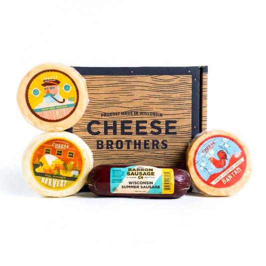 Assorted cheese and summer sausage with 'Cheese Brothers' branding on a white background