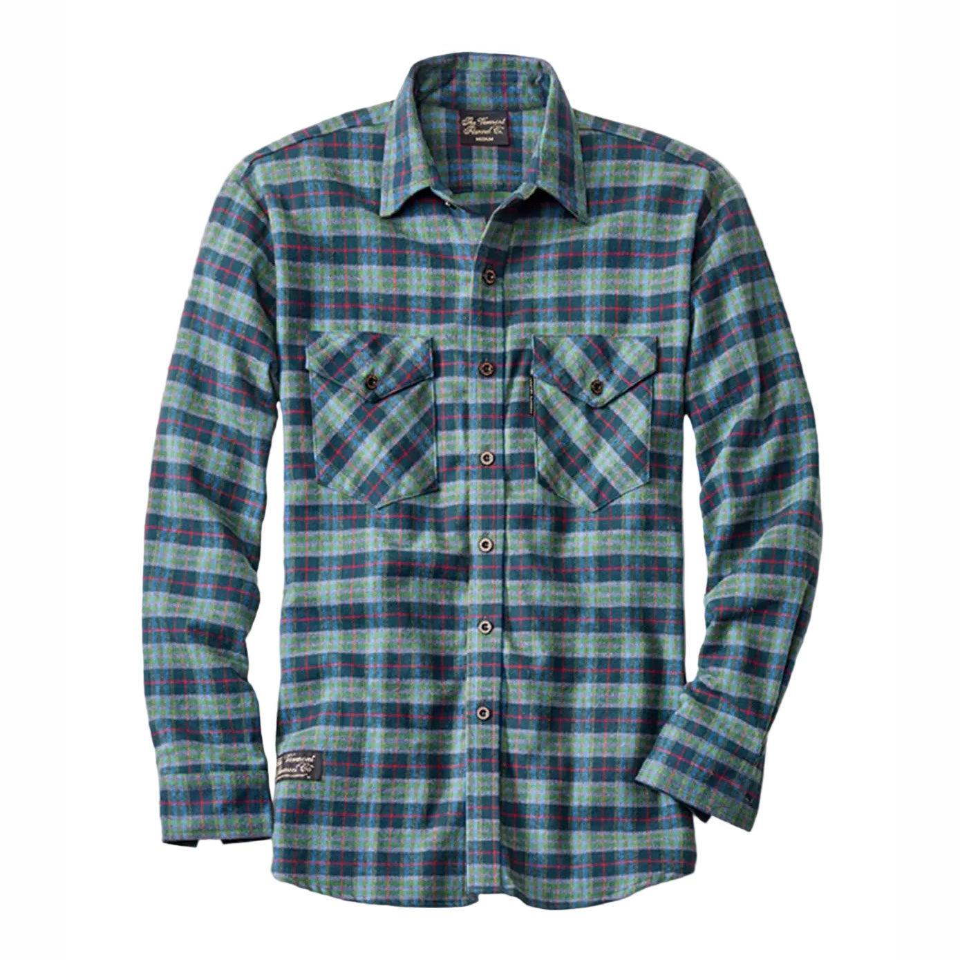 Men's Forest Green Plaid Vermont Flannel shirt on a white background sold by Kempain Family Outfitters.