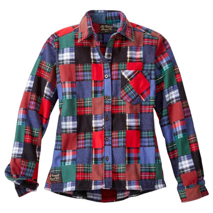 Plaid shirt with a patchwork pattern on a light gray background