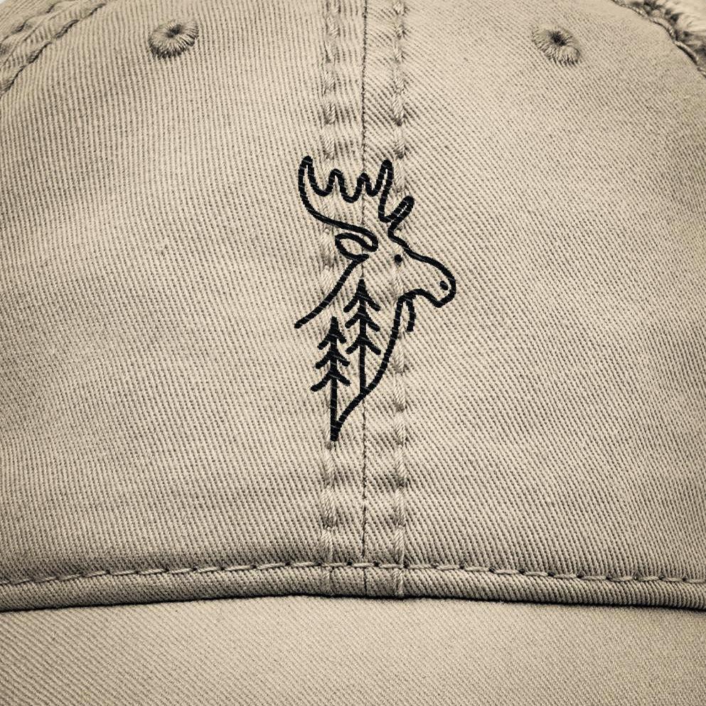Close up of the Moose with Pines illustrated graphic icon embroidery by Jordan Kempain. 