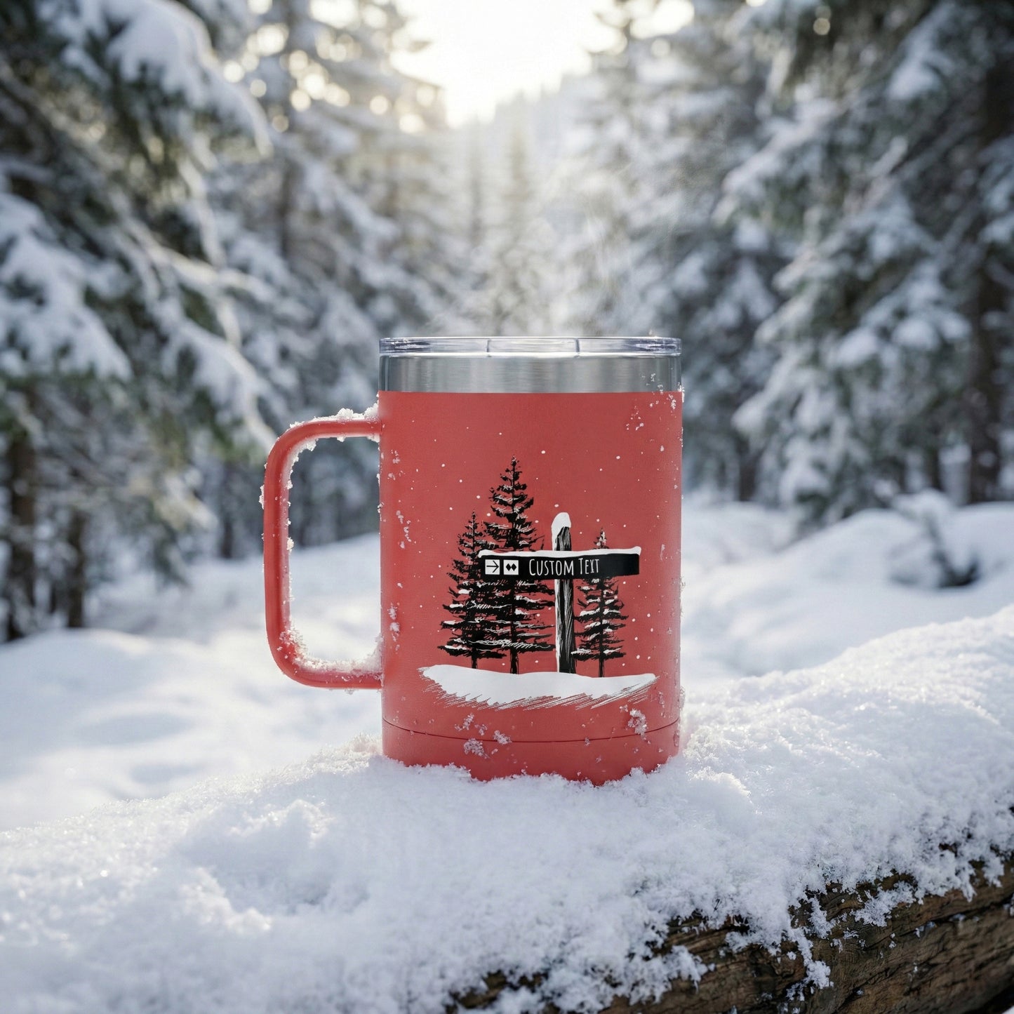 Custom Coral Black Diamond Ski Trail Signpost Commissioned 15oz Tumbler for Skiers and Snowboarders, Original Artwork by Jordan Kempain photographed outdoors in snowy scene.