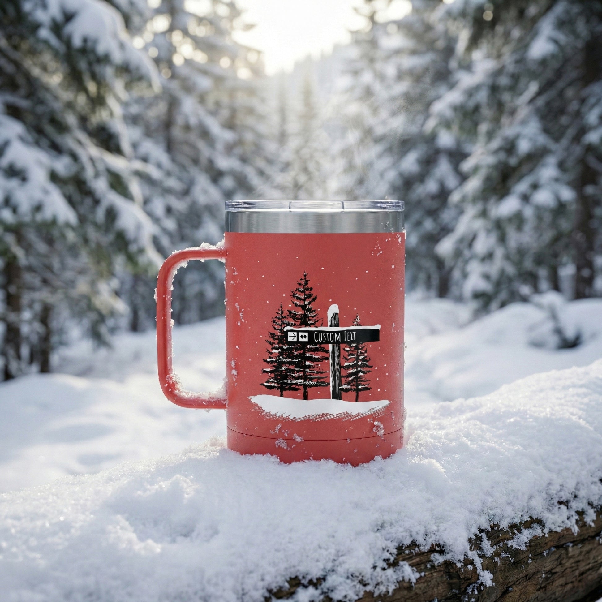 Custom Coral Black Diamond Ski Trail Signpost Commissioned 15oz Tumbler for Skiers and Snowboarders, Original Artwork by Jordan Kempain photographed outdoors in snowy scene.