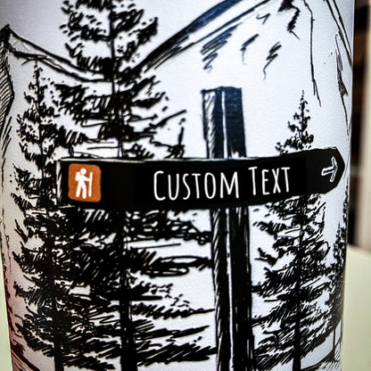 Close up of artwork printed on water bottle showing the line work and art details of the custom signpost. 