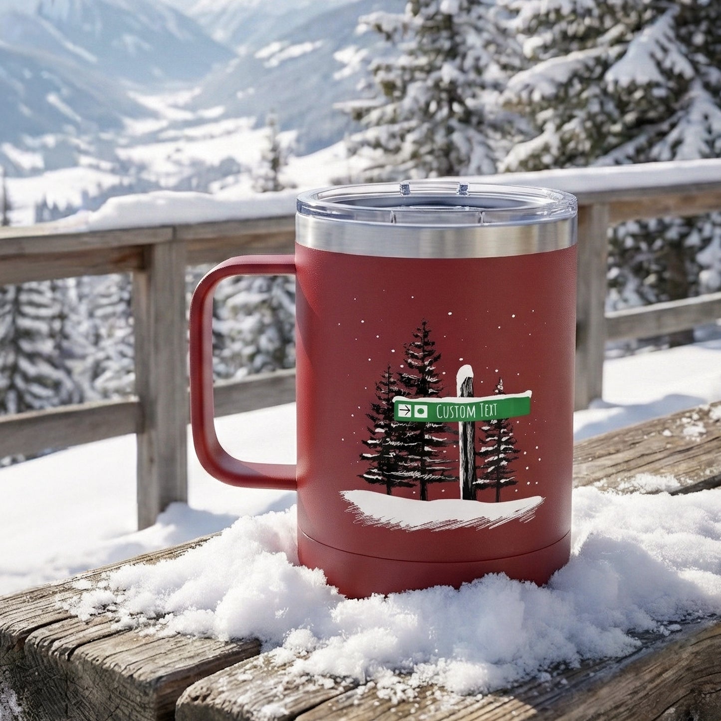 Custom Green Ski Trail Signpost Commissioned Tumbler with maroon base color for Skiers and Snowboarders, Original Artwork by Jordan Kempain photographed on a snowy winter bench.