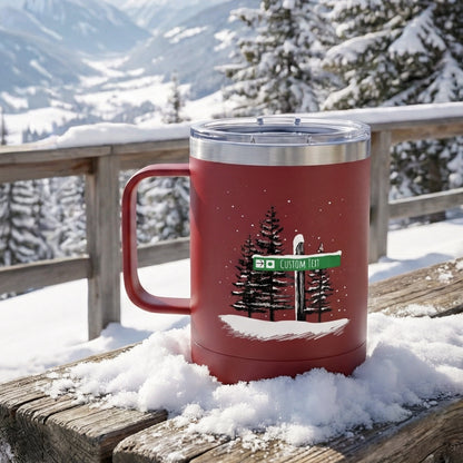 Custom Green Ski Trail Signpost Commissioned Tumbler with maroon base color for Skiers and Snowboarders, Original Artwork by Jordan Kempain photographed on a snowy winter bench.
