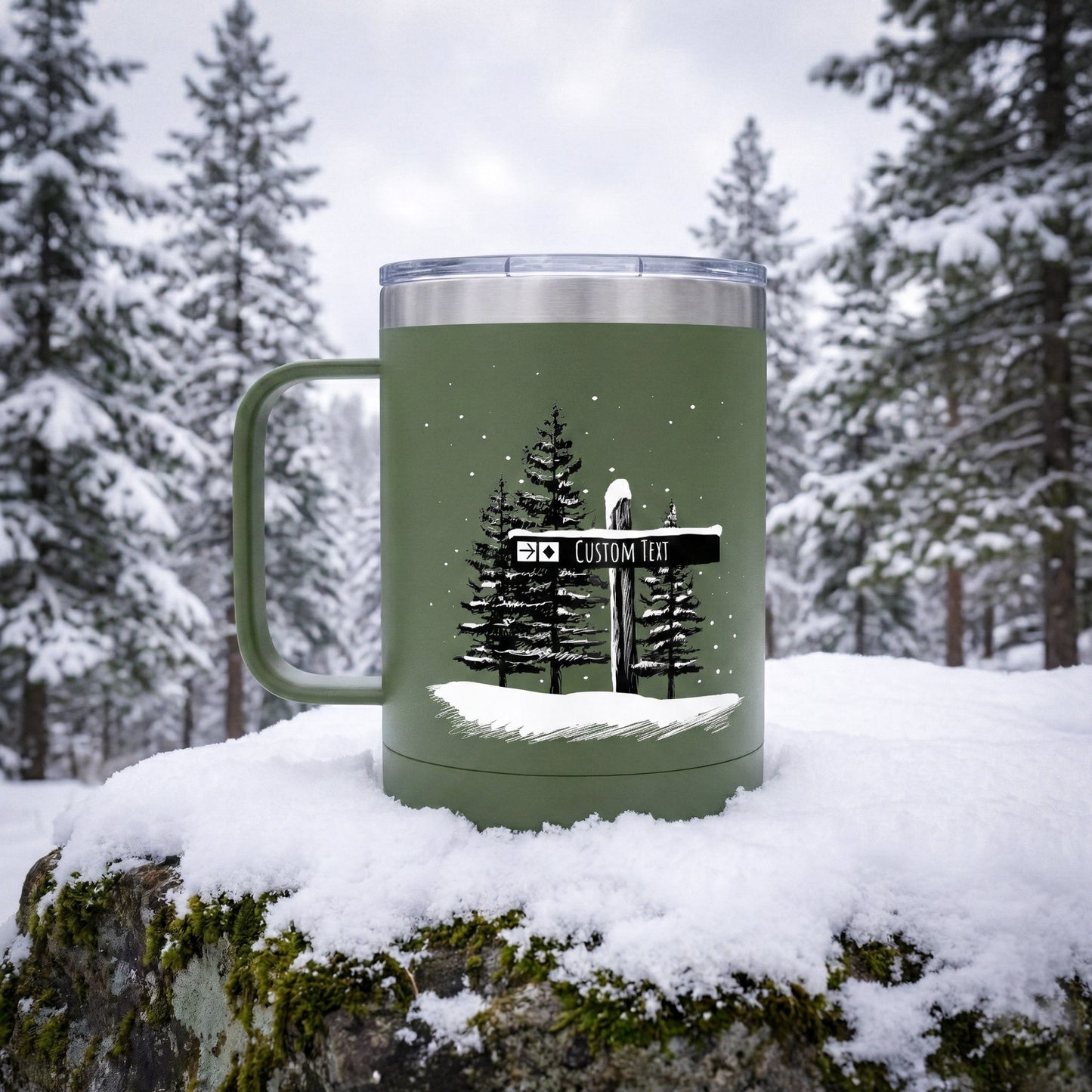 Custom Black Diamond Ski Trail Signpost Commissioned 15oz Tumbler with Olive color base for Skiers and Snowboarders, Original Artwork by Jordan Kempain photographed in snow scene.