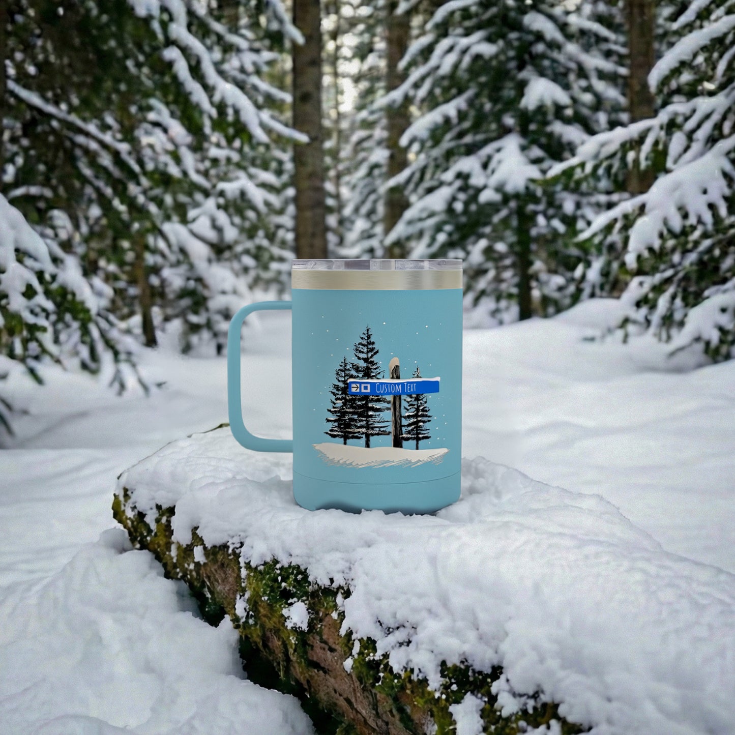 Custom Blue Square Ski Trail Signpost Commissioned 15oz Tumbler for Skiers and Snowboarders, Original Artwork by Jordan Kempain photographed in snowy woods.