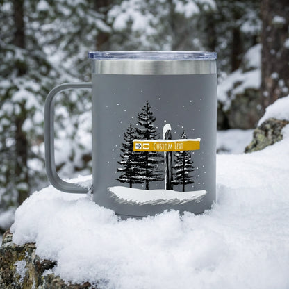 Custom Gray Terrain Park Ski Trail Signpost Commissioned Tumbler for Skiers and Snowboarders, Original Artwork by Jordan Kempain photographed in snow. 