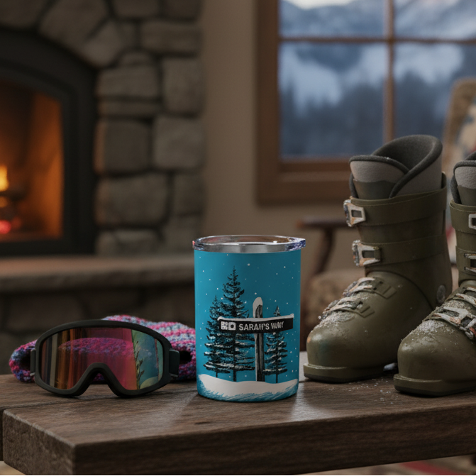 Custom ski trail sign tumbler sitting on a lodge bench next to ski boots and goggles with a fireplace in the background.