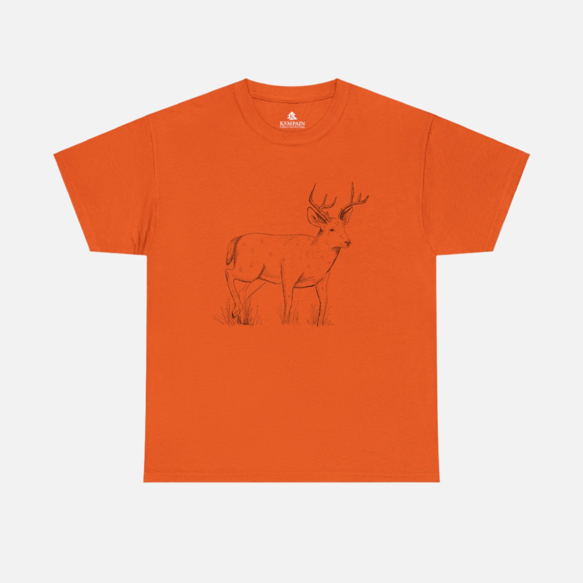A orange t-shirt on white background with an illustration of a whitetail buck on front. 