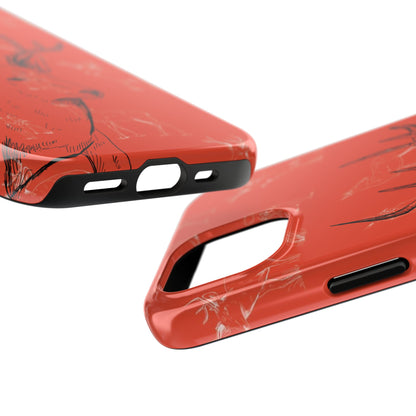 Detailed view of phone case for iPhone and Samsung models featuring a hunter orange background with a detailed buck and antlers design, perfect for outdoor and hunting enthusiasts.