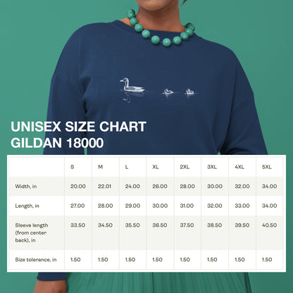 Gildan 18000 size chart for Duck Family Minimalist Sweatshirt – Mommy Duck and Two Ducklings Design, Unisex Pullover, Cute Duck Print Jumper, Animal Lover.