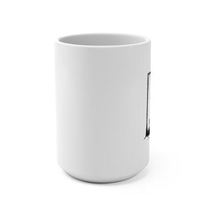 A 15oz ceramic mug featuring a cool Ski Graphic Sign design with the message Earn Your Turns and a Black Diamond Mountain illustration on white background showing the back side of the mug with no graphic. Perfect of ski lodge.