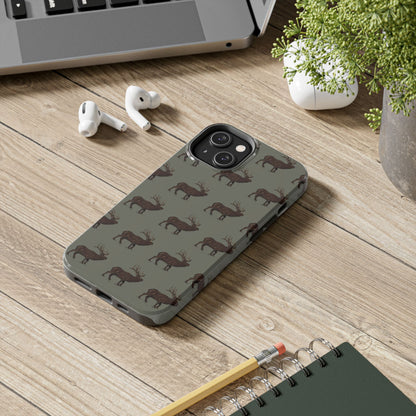 Elk Pattern Phone Case displayed on a rustic desk, featuring a rugged wildlife design with majestic elk silhouettes, perfect for hunters, hikers, and nature lovers.