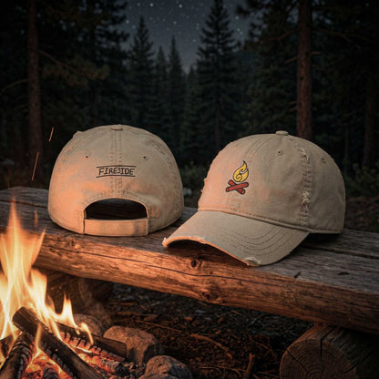 Two beige 100 percent cotton twill caps with Fireside embroidered graphics on a log in front of a campfire at night by Kempain Family Outfitters.