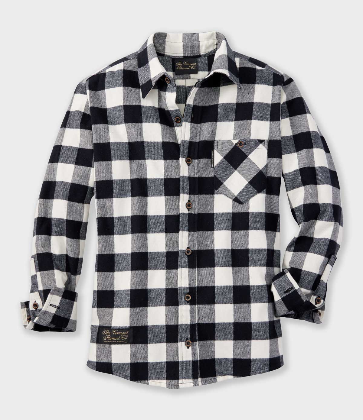 Fitted Black & White Checkered Organic Cotton Flannel Shirt on white background.