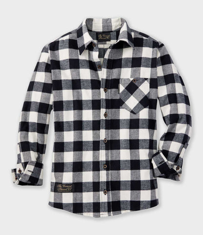 Fitted Black & White Checkered Organic Cotton Flannel Shirt on white background.