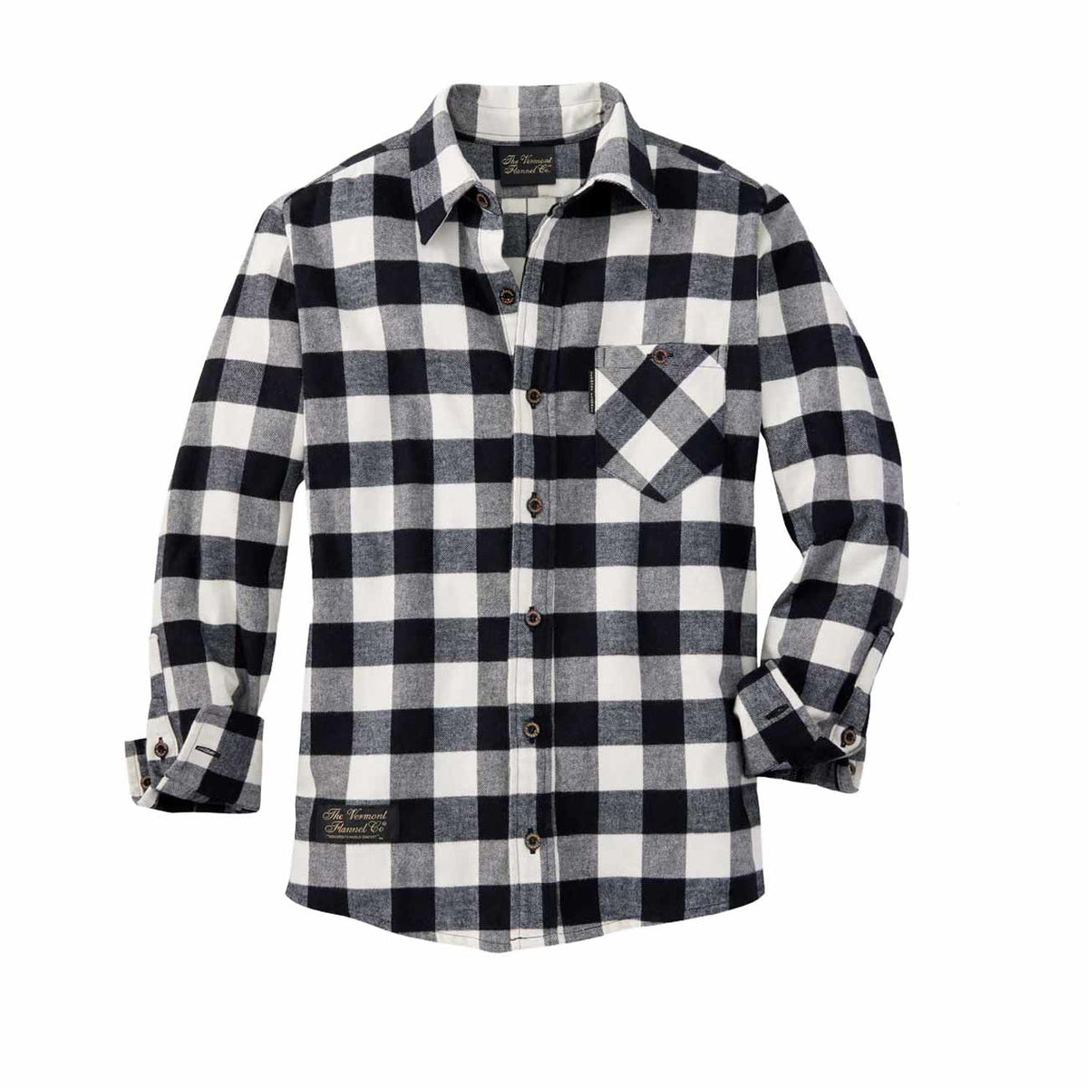 Fitted Black & White Checkered Organic Cotton Flannel Shirt on white background.