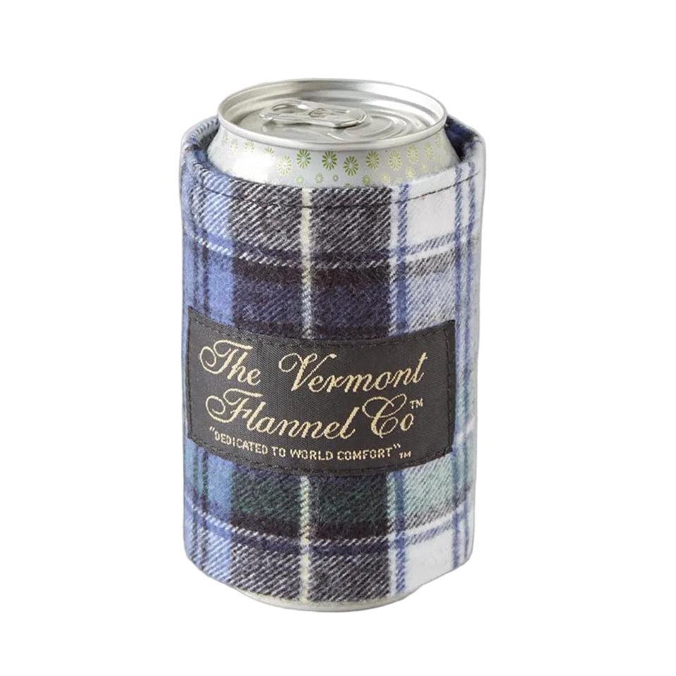 Plaid can cooler with 'The Vermont Flannel Co' label on a white background