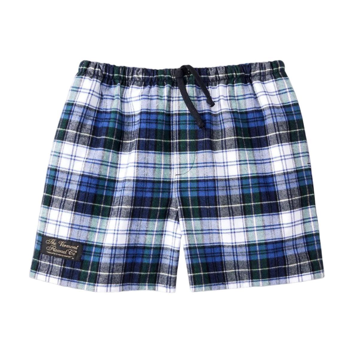 Blue and Black Unisex Plaid shorts with a drawstring by Vermont Flannel Company on a light white background sold by Kempain Family Outfitters.