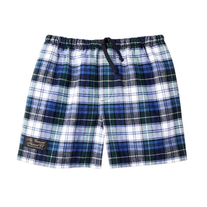 Blue and Black Unisex Plaid shorts with a drawstring by Vermont Flannel Company on a light white background sold by Kempain Family Outfitters.