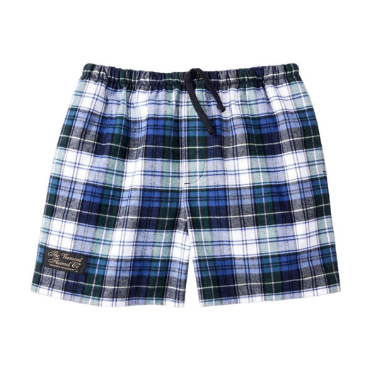 Blue and Black Unisex Plaid shorts with a drawstring by Vermont Flannel Company on a light white background sold by Kempain Family Outfitters.