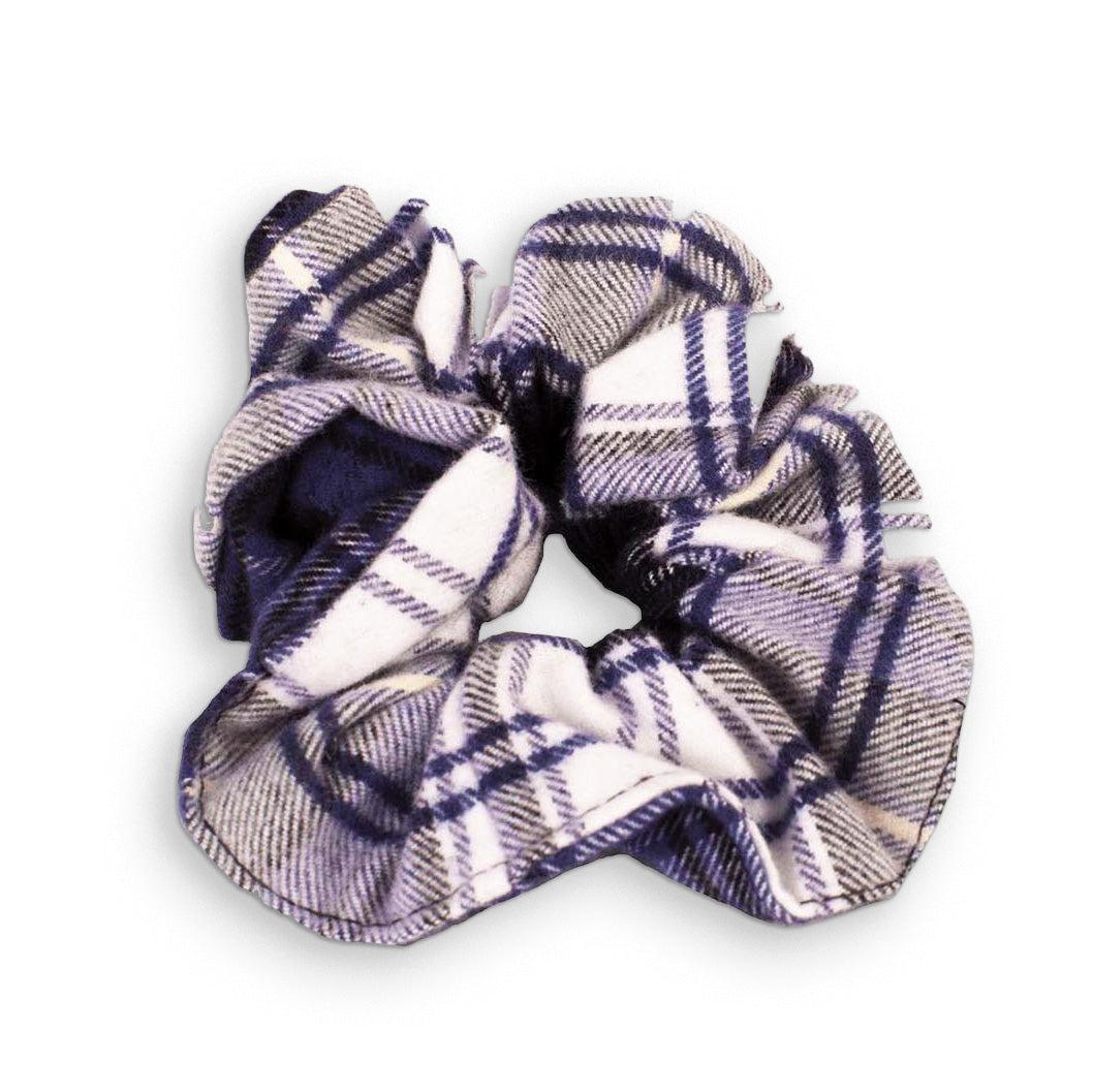 Purple Plaid patterned flannel scrunchie on a white background