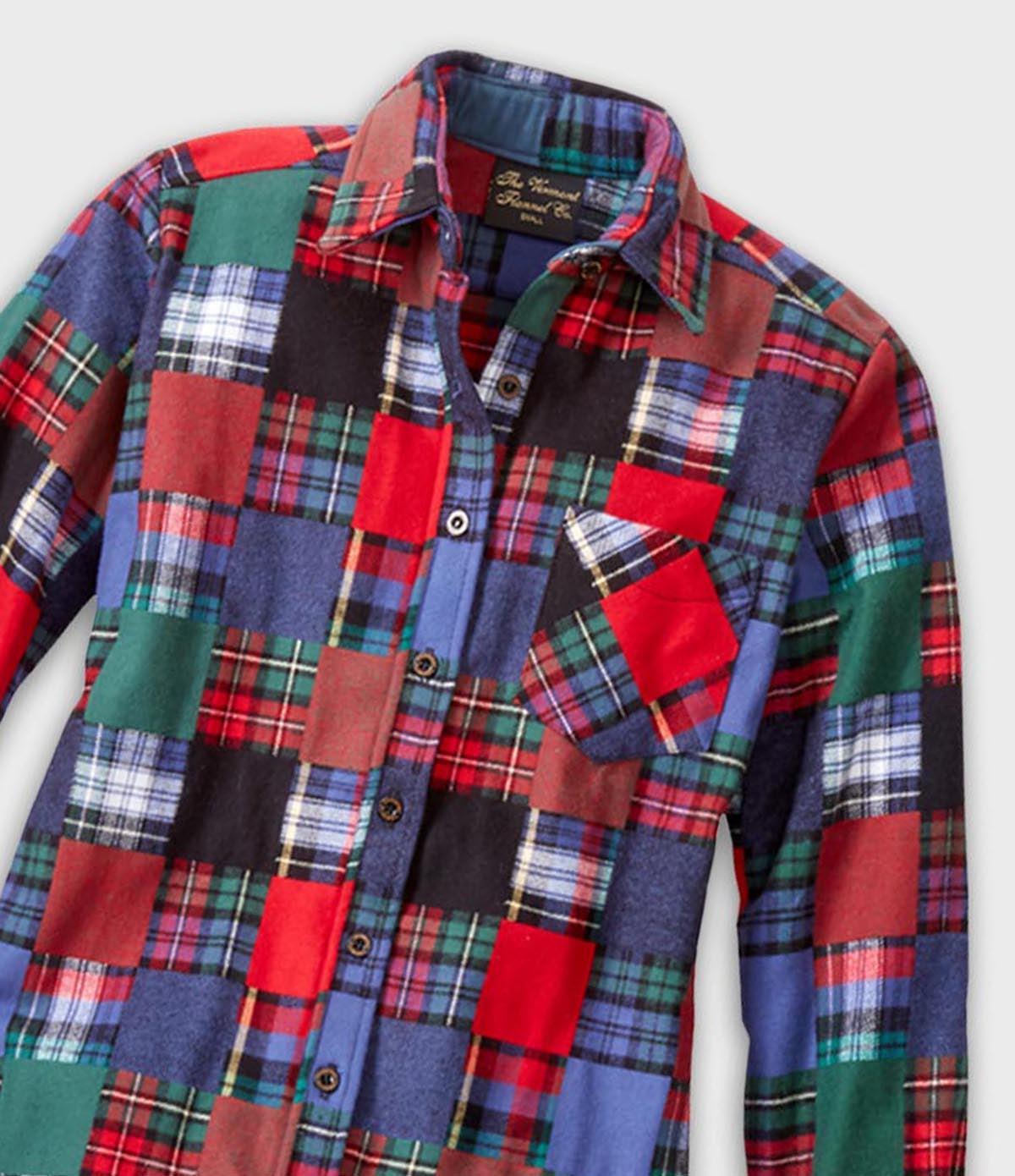 Patchwork plaid shirt with colorful patterns on a white background