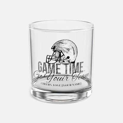 10oz personalized whiskey glass on a white background, featuring a detailed football helmet design and custom text. Perfect gift for football fans.