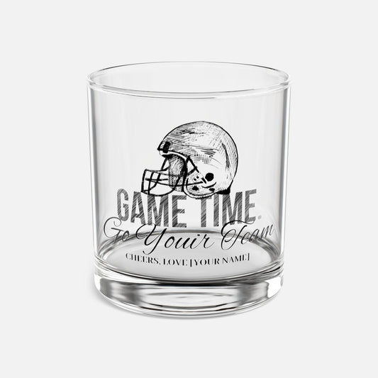 10oz personalized whiskey glass on a white background, featuring a detailed football helmet design and custom text. Perfect gift for football fans.
