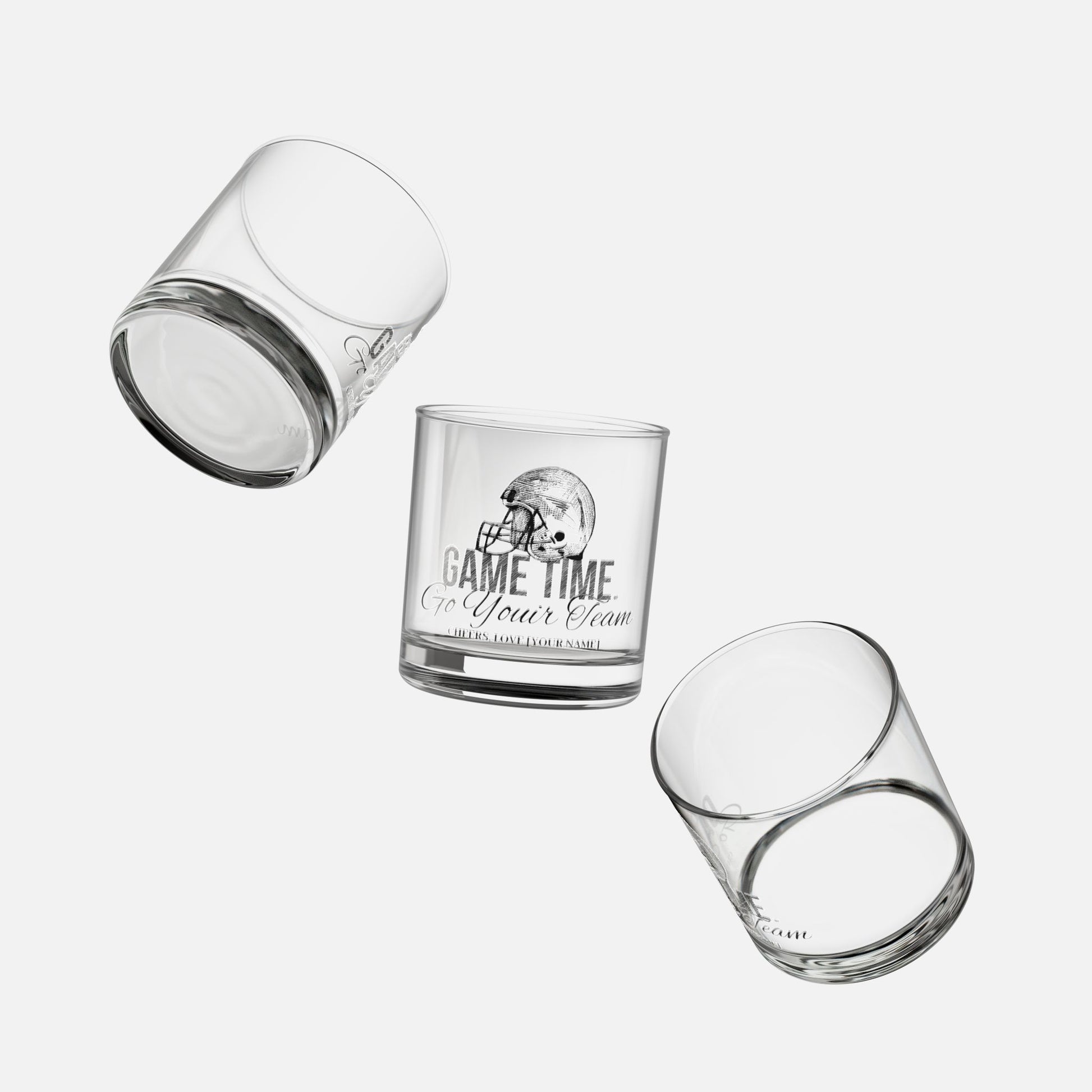 10oz personalized whiskey glass on a white background, featuring a detailed football helmet design and custom text. Perfect gift for football fans floating in air.