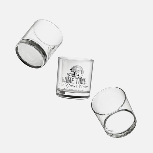10oz personalized whiskey glass on a white background, featuring a detailed football helmet design and custom text. Perfect gift for football fans floating in air.