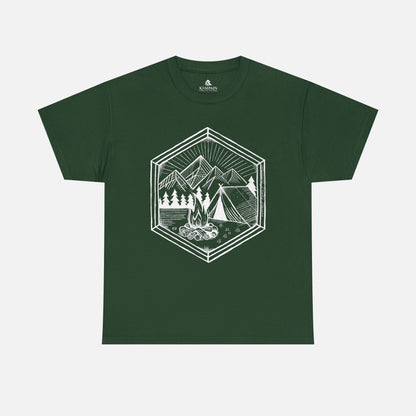 Nature’s Refuge Forest Green Camping T-Shirt displayed flat on a white background, showcasing a geometric outdoor adventure design.